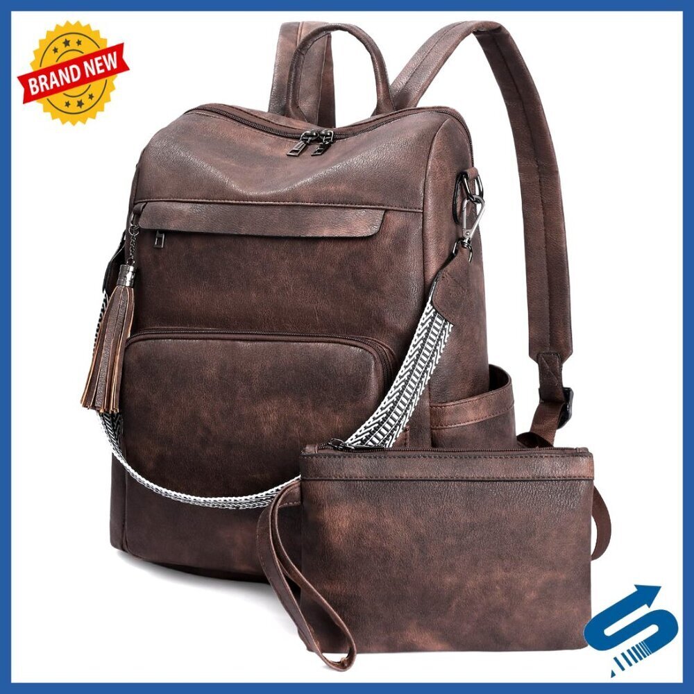 Convertible PU Leather Backpack Purse Women's Travel Shoulder Bag 2-Piece Set